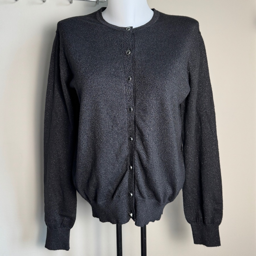 Dear Rose New York Lightweight‎ Button Front Cardigan Sweater Black Glitter XL